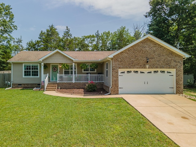 1704 Christi Ave, Chapel Hill, TN 37034 - ranch-style house with covered porch, concrete driveway, a garage, a front lawn, and brick siding