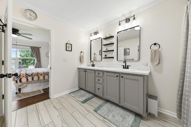 1704 Christi Ave, Chapel Hill, TN 37034 - ensuite bathroom featuring ornamental molding, double vanity, ceiling fan, and wood finished floors