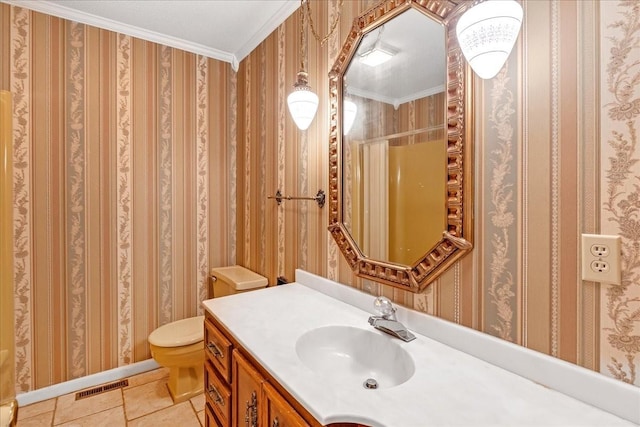 89 Belmar Cir, Manchester, TN 37355 - bathroom with crown molding, vanity, tile patterned floors, wallpapered walls, and a shower with shower curtain