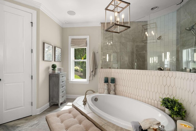 800 Singleton Ln, Brentwood, TN 37027 - full bath with a garden tub, walk in shower, crown molding, and a chandelier
