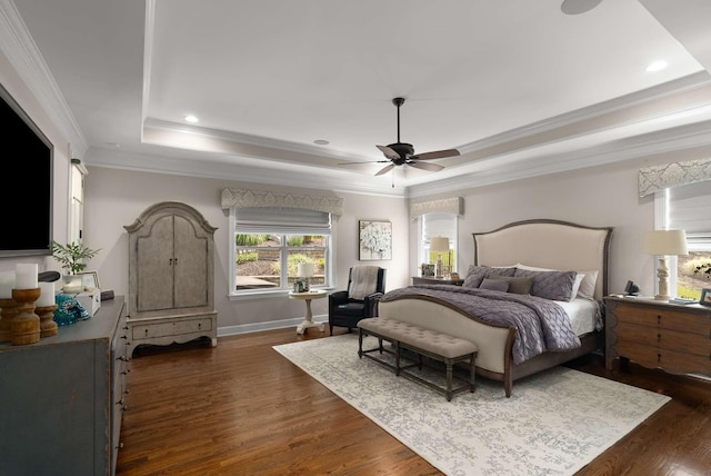 800 Singleton Ln, Brentwood, TN 37027 - bedroom featuring a tray ceiling, dark wood finished floors, crown molding, ceiling fan, and recessed lighting