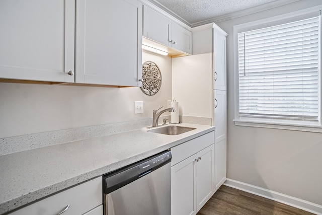 1301 Neelys Bend Rd Unit 14, Madison, TN 37115 - kitchen with stainless steel dishwasher, dark wood-type flooring, white cabinetry, a textured ceiling, and light stone countertops