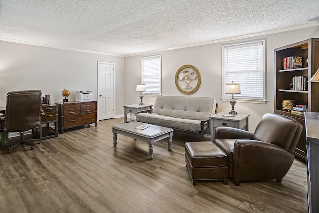 1301 Neelys Bend Rd Unit 14, Madison, TN 37115 - living room with crown molding, a textured ceiling, a desk, and wood finished floors