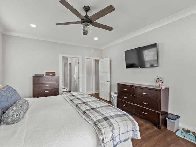 71 Windjammer Ct, Winchester, TN 37398 - bedroom featuring dark wood-style floors, ceiling fan, recessed lighting, and ornamental molding