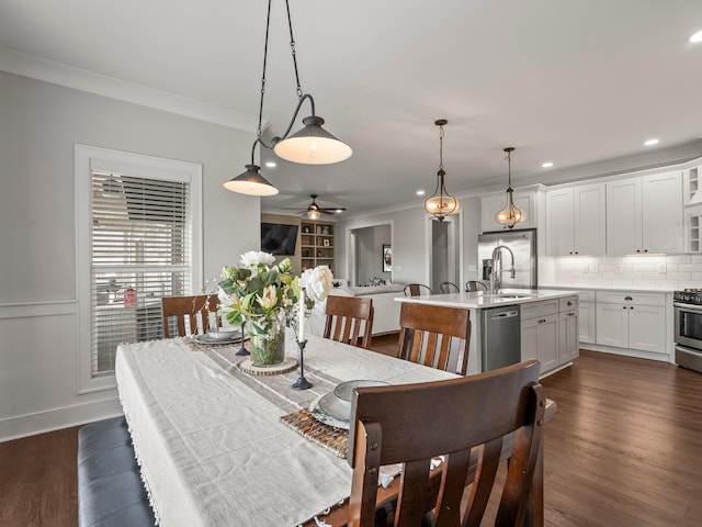 71 Windjammer Ct, Winchester, TN 37398 - dining area with ornamental molding, ceiling fan, dark wood-type flooring, and recessed lighting