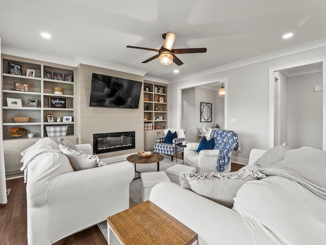 71 Windjammer Ct, Winchester, TN 37398 - living area with crown molding, ceiling fan, dark wood-style floors, a fireplace, and recessed lighting