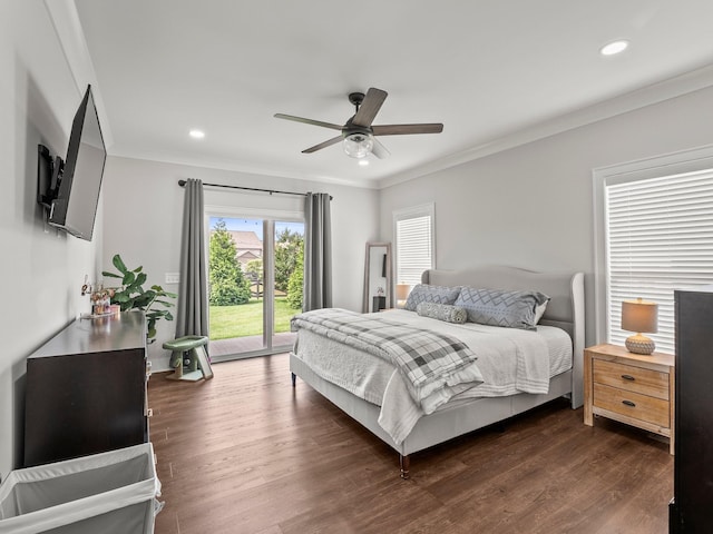 71 Windjammer Ct, Winchester, TN 37398 - bedroom featuring access to exterior, crown molding, recessed lighting, dark wood-style flooring, and a ceiling fan