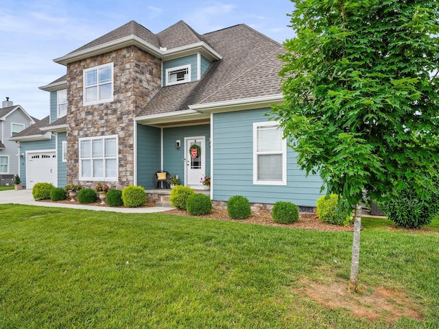 71 Windjammer Ct, Winchester, TN 37398 - view of front of house with a shingled roof, a front lawn, driveway, and stone siding