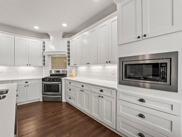 71 Windjammer Ct, Winchester, TN 37398 - kitchen featuring appliances with stainless steel finishes, premium range hood, light countertops, white cabinets, and recessed lighting