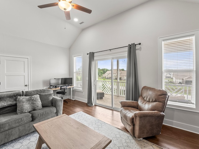 71 Windjammer Ct, Winchester, TN 37398 - living area with ceiling fan, high vaulted ceiling, wood finished floors, and a desk