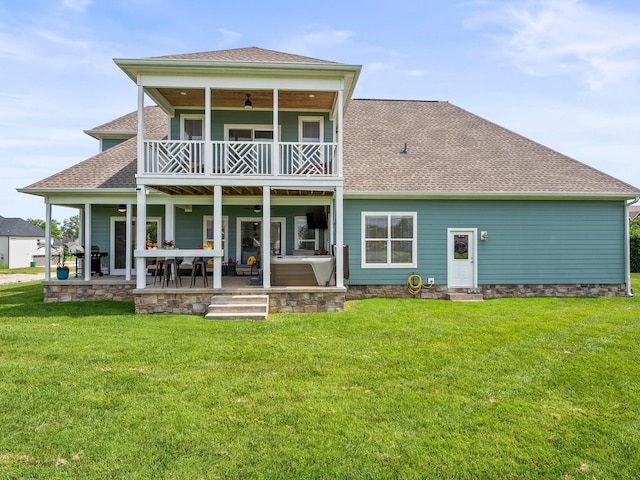 71 Windjammer Ct, Winchester, TN 37398 - rear view of property featuring a balcony, a lawn, roof with shingles, ceiling fan, and a patio area