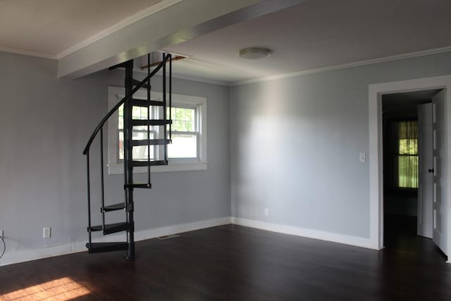 114 Baker St, Sparta, TN 38583 - unfurnished living room featuring dark wood-type flooring, stairs, and ornamental molding