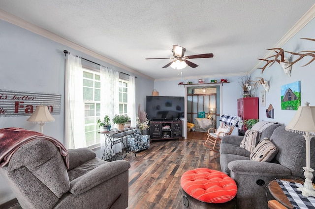 10 Clinton Rd, Humboldt, TN 38343 - living area featuring ceiling fan, hardwood / wood-style floors, crown molding, and a textured ceiling