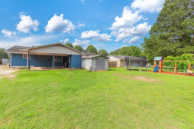 10 Clinton Rd, Humboldt, TN 38343 - view of yard featuring a shed, a trampoline, a playground, and a patio area