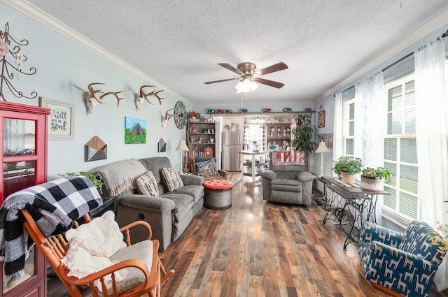 10 Clinton Rd, Humboldt, TN 38343 - living room with a ceiling fan, wood finished floors, a textured ceiling, and ornamental molding