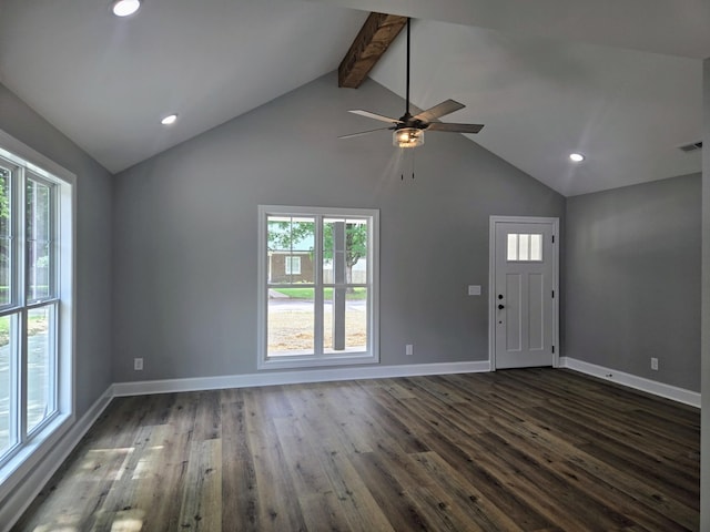 504 1st St, Lawrenceburg, TN 38464 - unfurnished living room featuring beam ceiling, dark wood-style floors, a ceiling fan, recessed lighting, and high vaulted ceiling