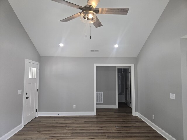 504 1st St, Lawrenceburg, TN 38464 - empty room featuring lofted ceiling, ceiling fan, dark wood-style floors, and recessed lighting