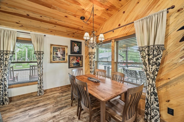 634 Cowboy Way, Jamestown, TN 38556 - dining space with vaulted ceiling, a chandelier, wood finished floors, and wood ceiling
