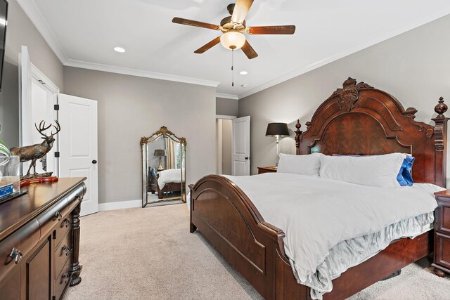 730 Fontwell Ln, Franklin, TN 37064 - bedroom featuring light carpet, recessed lighting, ornamental molding, and a ceiling fan