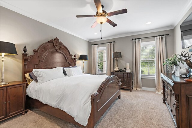 730 Fontwell Ln, Franklin, TN 37064 - bedroom featuring multiple windows, light carpet, crown molding, recessed lighting, and a ceiling fan