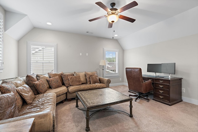730 Fontwell Ln, Franklin, TN 37064 - living room featuring lofted ceiling, a ceiling fan, light carpet, a desk, and recessed lighting