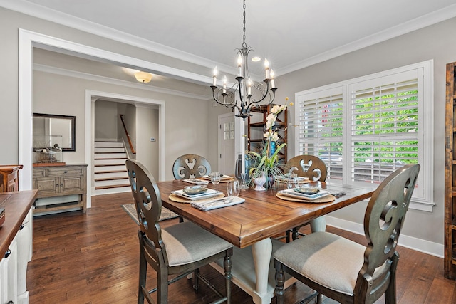 730 Fontwell Ln, Franklin, TN 37064 - dining room with stairway, dark wood-type flooring, crown molding, and a chandelier