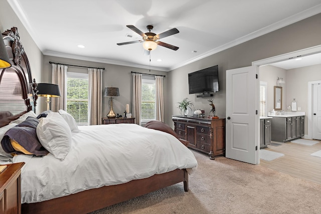 730 Fontwell Ln, Franklin, TN 37064 - bedroom featuring crown molding, recessed lighting, light carpet, a ceiling fan, and ensuite bathroom