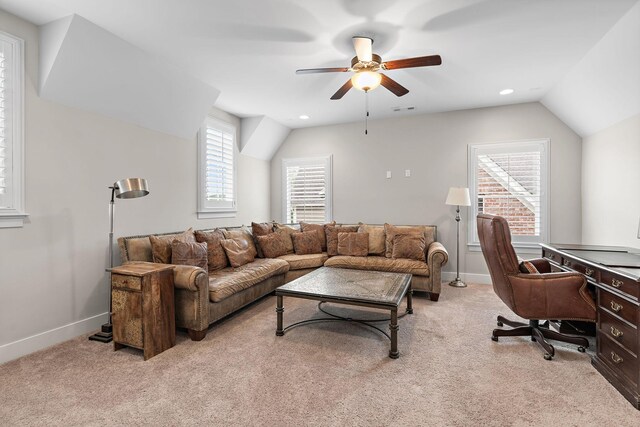 730 Fontwell Ln, Franklin, TN 37064 - carpeted living area featuring vaulted ceiling, a ceiling fan, and recessed lighting