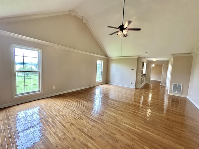 1759 Ardmore Hwy, Taft, TN 38488 - unfurnished living room with hardwood / wood-style floors, ceiling fan, high vaulted ceiling, and ornamental molding