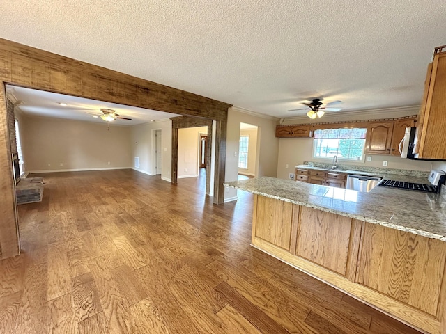 1759 Ardmore Hwy, Taft, TN 38488 - kitchen featuring ceiling fan, appliances with stainless steel finishes, wood finished floors, a textured ceiling, and ornamental molding