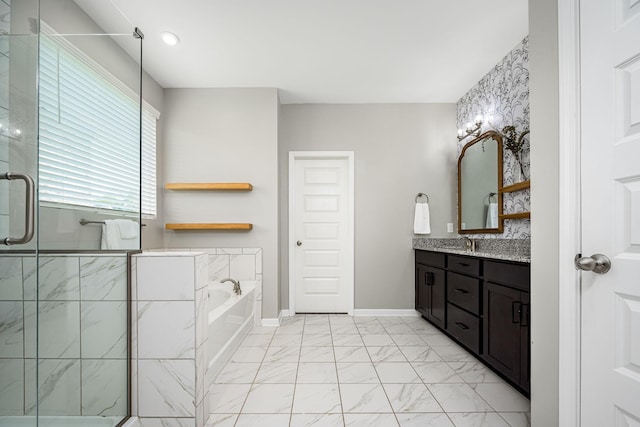 810 Corlew St, Murfreesboro, TN 37130 - bathroom with vanity, a garden tub, marble look tile flooring, and a shower stall