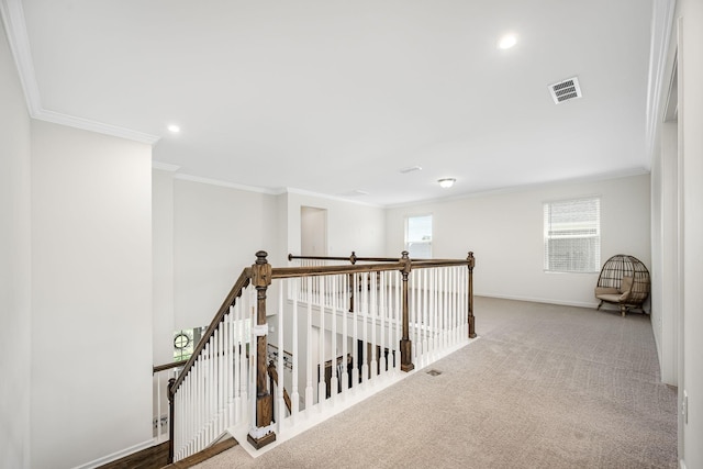 810 Corlew St, Murfreesboro, TN 37130 - corridor with an upstairs landing, crown molding, carpet floors, and recessed lighting