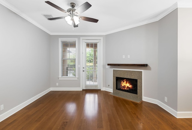307 Seven Springs Way Unit 103, Brentwood, TN 37027 - unfurnished living room with a fireplace with flush hearth, wood finished floors, ceiling fan, and crown molding
