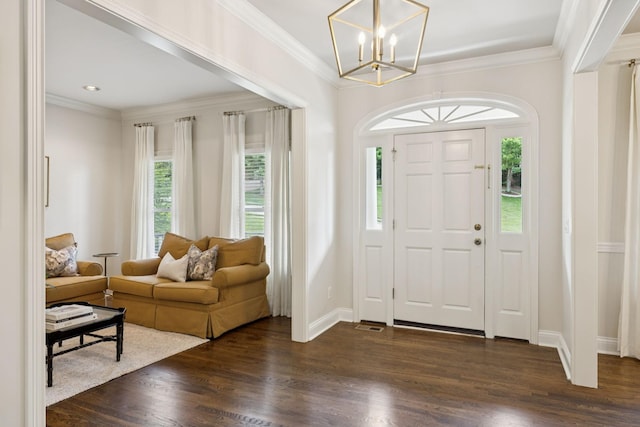 216 Bramerton Ct, Franklin, TN 37069 - foyer entrance featuring dark wood-style flooring, a chandelier, ornamental molding, and recessed lighting