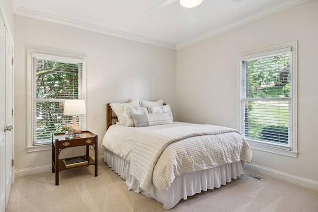216 Bramerton Ct, Franklin, TN 37069 - bedroom with light carpet, crown molding, multiple windows, and a ceiling fan