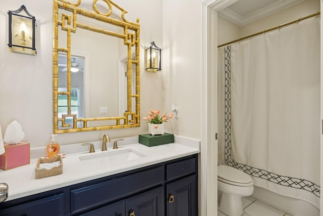 216 Bramerton Ct, Franklin, TN 37069 - bathroom with ornamental molding, vanity, curtained shower, and tile patterned floors
