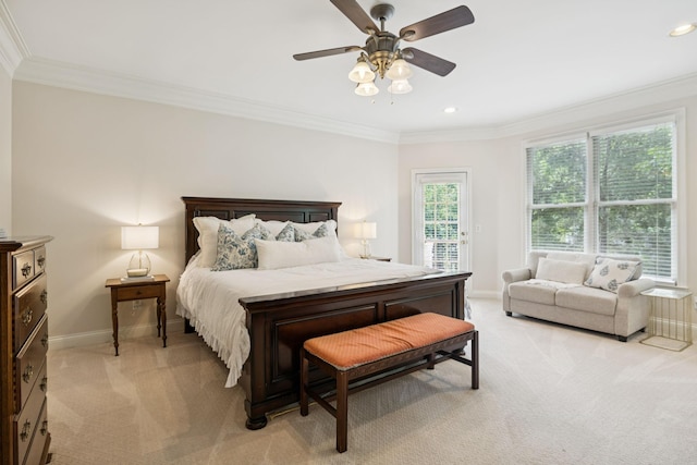 216 Bramerton Ct, Franklin, TN 37069 - bedroom featuring light colored carpet, crown molding, recessed lighting, ceiling fan, and access to outside