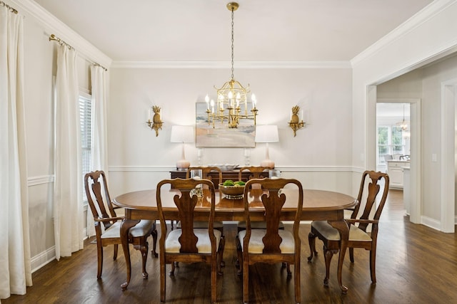 216 Bramerton Ct, Franklin, TN 37069 - dining room with dark wood finished floors, ornamental molding, and a chandelier