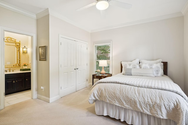 216 Bramerton Ct, Franklin, TN 37069 - bedroom featuring light colored carpet, ornamental molding, a closet, a ceiling fan, and ensuite bathroom