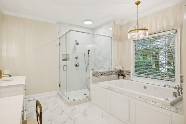 216 Bramerton Ct, Franklin, TN 37069 - full bath with a bath, a stall shower, vanity, a chandelier, and ornamental molding