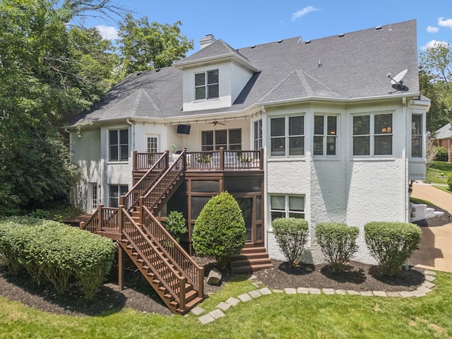 216 Bramerton Ct, Franklin, TN 37069 - back of property featuring stairway, ceiling fan, a deck, a chimney, and brick siding