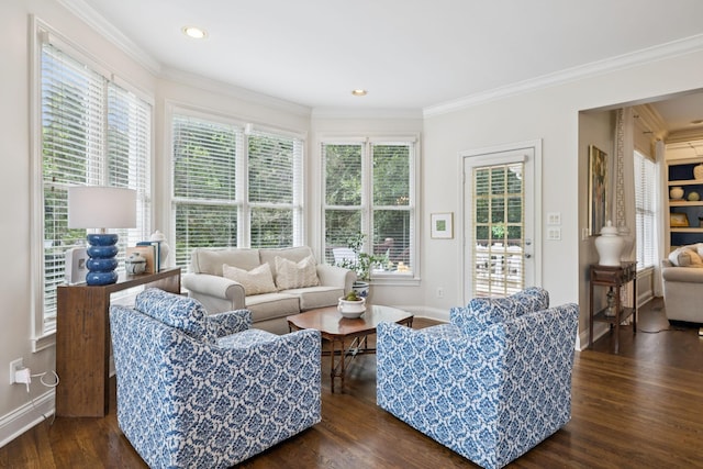 216 Bramerton Ct, Franklin, TN 37069 - living room featuring dark wood-type flooring, ornamental molding, and recessed lighting