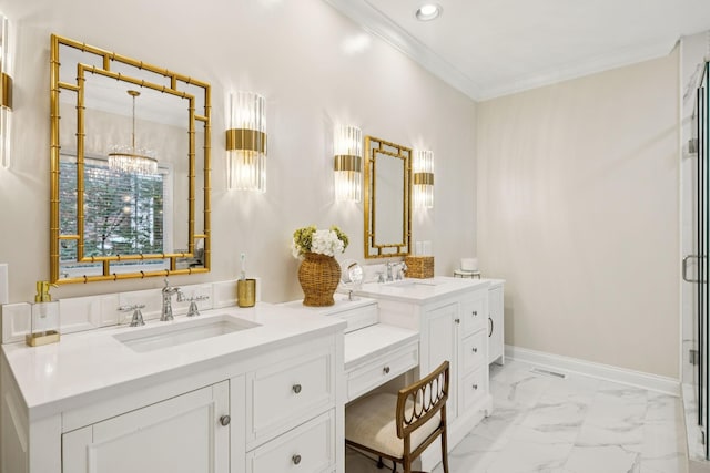 216 Bramerton Ct, Franklin, TN 37069 - full bath with vanity, crown molding, a stall shower, marble finish flooring, and a chandelier