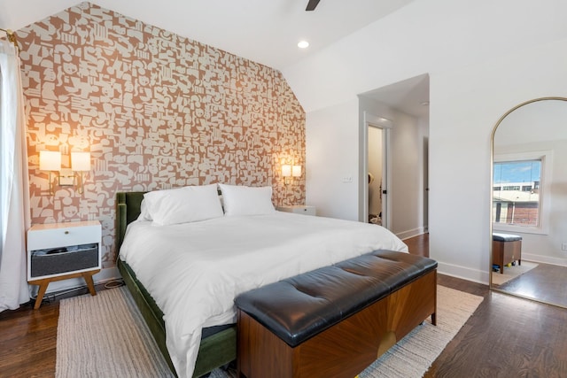 1708A 7th Ave N, Nashville, TN 37208 - bedroom featuring wallpapered walls, wood finished floors, lofted ceiling, recessed lighting, and a ceiling fan