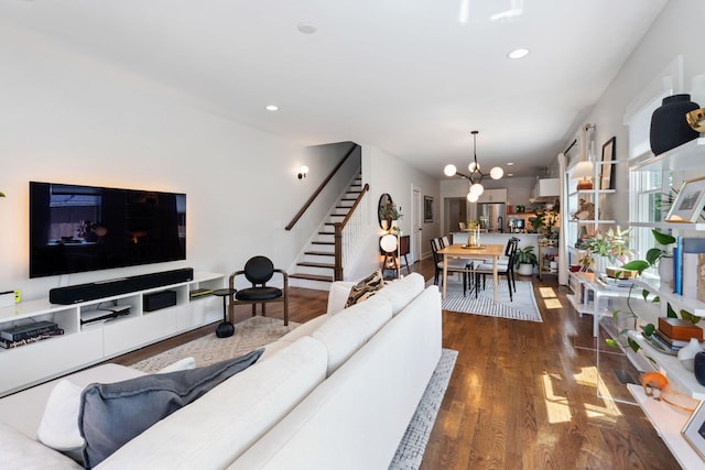 1708A 7th Ave N, Nashville, TN 37208 - living area featuring stairs, a chandelier, wood finished floors, and recessed lighting