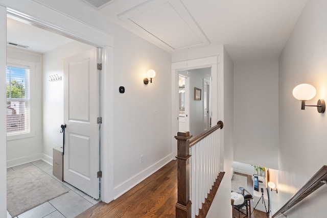 1708A 7th Ave N, Nashville, TN 37208 - hall with attic access, an upstairs landing, and wood finished floors