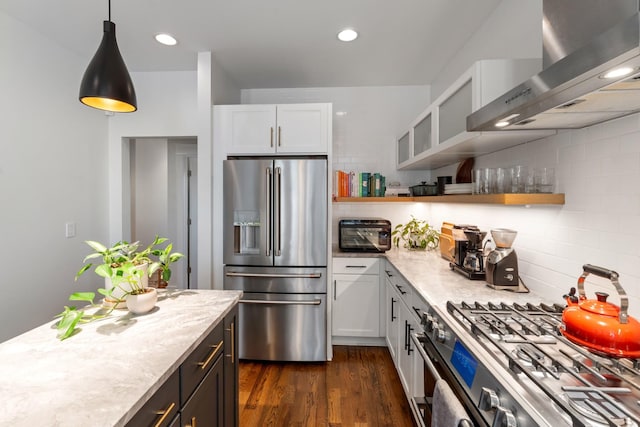 1708A 7th Ave N, Nashville, TN 37208 - kitchen featuring appliances with stainless steel finishes, wall chimney range hood, open shelves, white cabinetry, and recessed lighting
