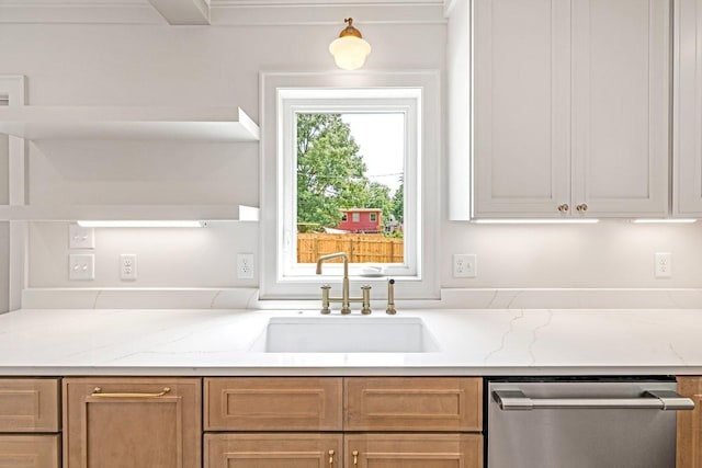 1516 Forest Ave, Nashville, TN 37206 - kitchen featuring stainless steel dishwasher, open shelves, and light stone counters