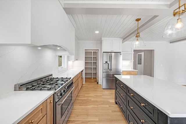 1516 Forest Ave, Nashville, TN 37206 - kitchen featuring high end appliances, light wood-style flooring, a wooden ceiling with exposed beams, pendant lighting, and dark cabinetry