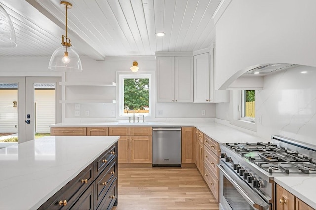 1516 Forest Ave, Nashville, TN 37206 - kitchen with appliances with stainless steel finishes, custom exhaust hood, healthy amount of natural light, light wood-type flooring, and wood ceiling